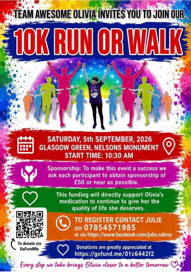 Poster for Team Awesome Olivia's 10K run or walk on 5th September 2026 at Glasgow Green